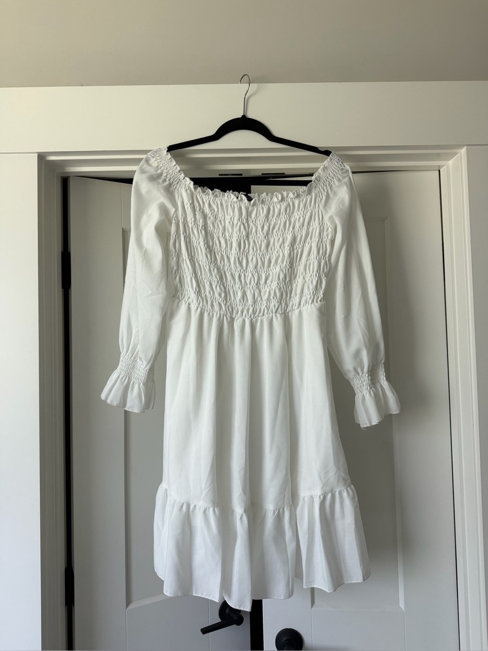 White Smocked Square-Neck Mini Dress